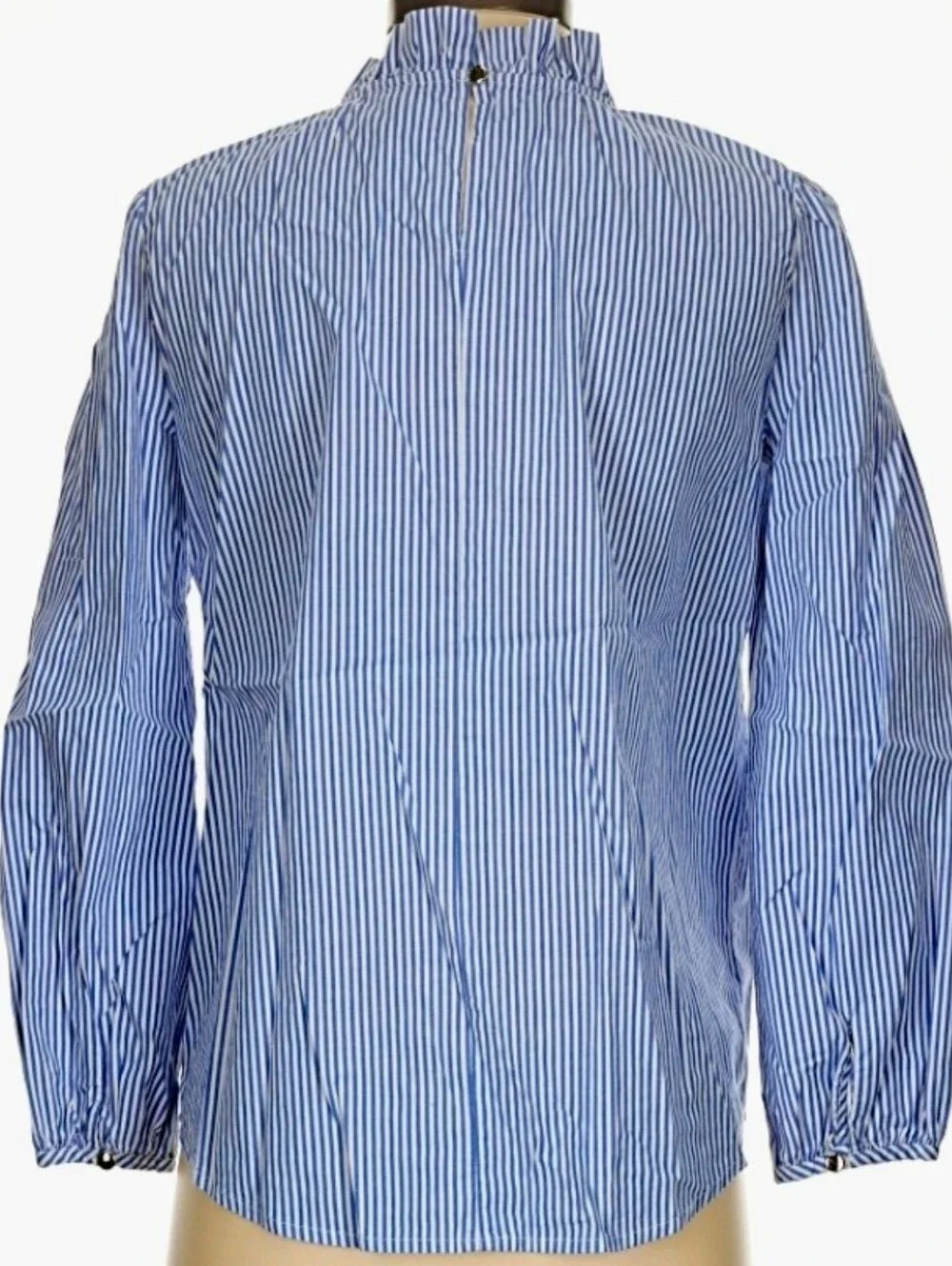 J. CREW 🦚 Pin Stripe Cotton Ruffle Neck Blouse 🦚 Sz XS ⚜️ LN/EUC